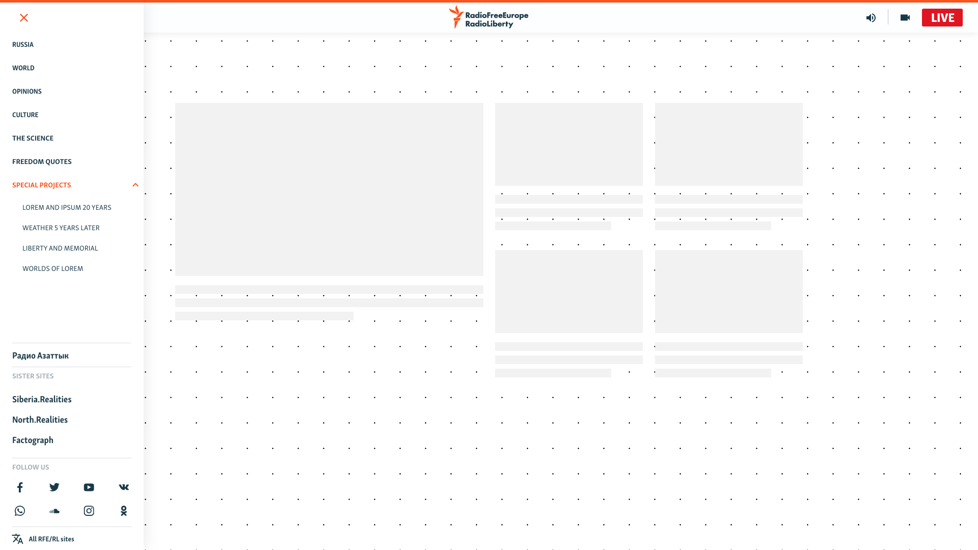 Main nav of the website with side panel open